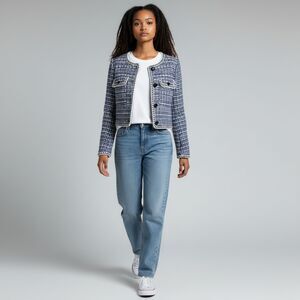 New Christian Lacroix Navy White Tweed Cropped Lady Jacket Medium